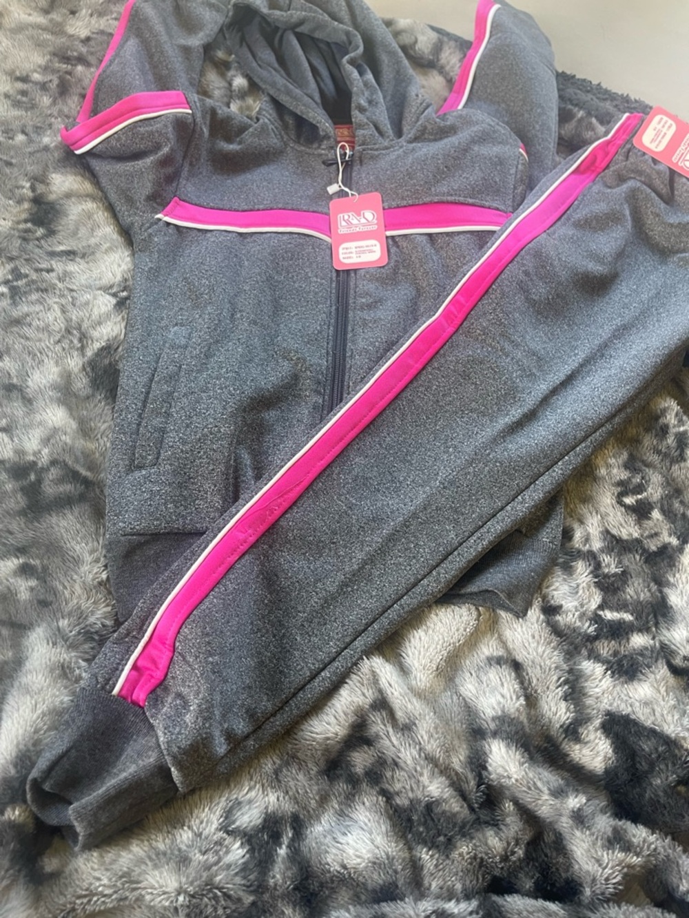 Gray Zip Hoodie & Joggers Set with Pink Trim